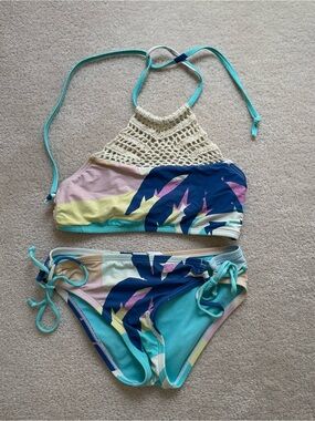 Hobie Girls Two-Piece Bikini in Aqua, Navy, Pink & Cream